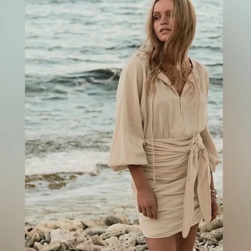 Free People Mini Dress XS Cream Gauzy‎ Boho Peasant Ruched Buttons Neutral NWT